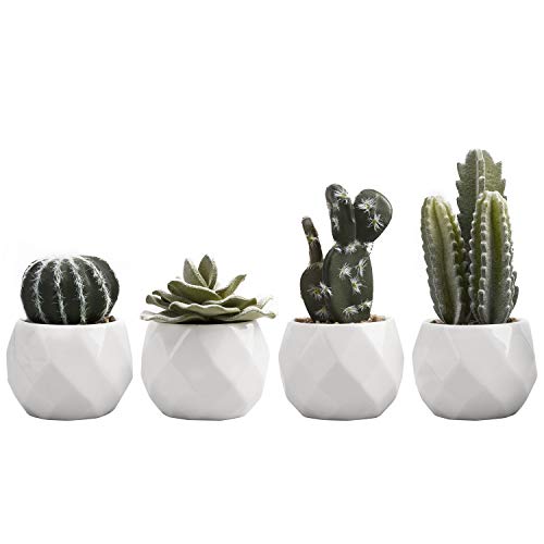 MyGift Mini Assorted Green Faux Succulent and Cactus, Indoor Fake Plants in Geometric Ceramic Pots, Set of 4