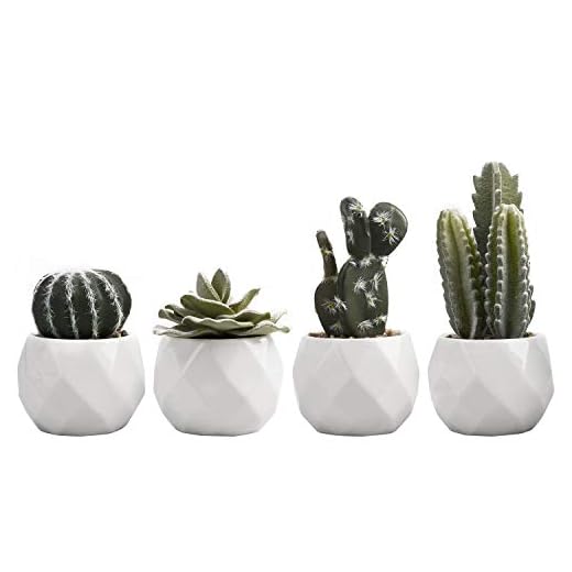MyGift Mini Assorted Green Faux Succulent and Cactus, Indoor Fake Plants in Geometric Ceramic Pots, Set of 4