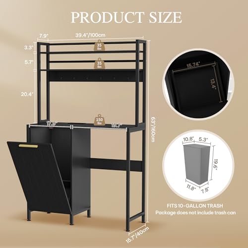 DWVO Mini Fridge Stand with Trash Can Storage Kitchen Bakers Rack with Power Outlets Freestadning Coffee Bar Cabinet 3-Tiers Coffee Stand Station for Kitchen Dining Room Living Room Office Black