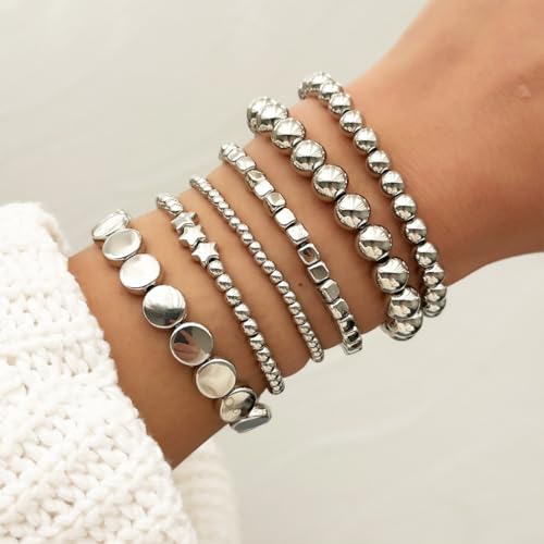 6Pcs Gold Star Balls Beaded Bracelets Set for Women Fashion Stackable Stretch Round Bead Bangles Coin Statement Bracelet Vintage Hippie Elastic Jewelry4