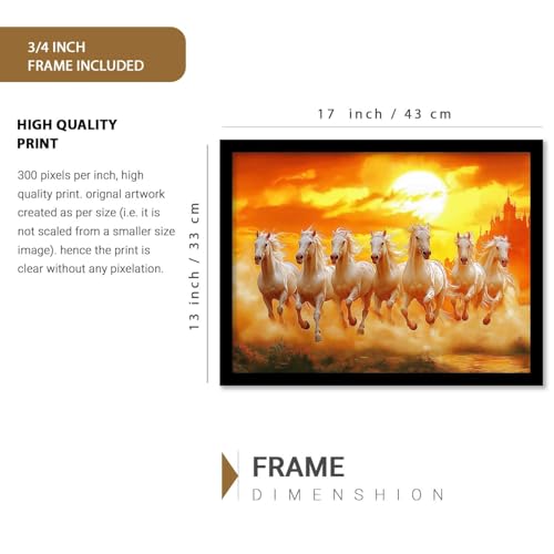 Image of HOTHOUSE Seven Running Vastu Lucky Horse Rising Sun Painting Wall Decor | 7 Horses Vastu Frame Wall Art Painting for Living Room Bedroom Office Home Decor Size (13X17 inch)