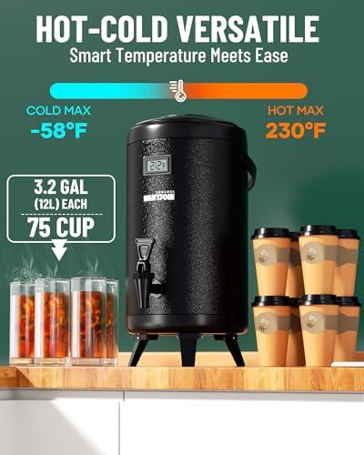Image of WantJoin Insulated Beverage Dispenser- 2-pack Thermal Hot and Cold Beverage Dispenser Stainless Steel 12L /3.2Gal Hot Drink Dispenser with Spigot for Hot Tea&Coffee, Cold Milk, Juice, Black