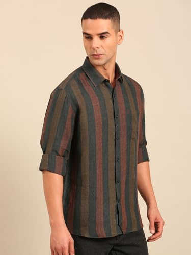 Image of Linen Club Men's Full Sleeve Checked Regular fit Pure Linen Casual Shirt