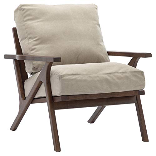 Guyou Mid Century Modern Accent Chair Wood Lounge Armchair with Upholstered Detachable Cushions, Single Sofa Comfy Retro Chair for Living Room/Bedroom/Reading Room (Beige) - Thumbnail 6