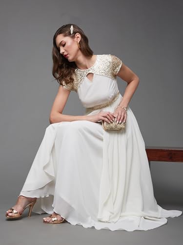 Image of Miss Chase Women's Round Neck Sleeve Embellished Fit Flare Maxi Dress