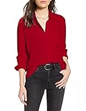HOTOUCH Womens Long Sleeve Chiffon Blouses V Neck Collared Button Down Shirt Tops with Pockets Red M