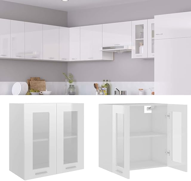 Wall Mounted Kitchen Cabinet, Kitchen Wall Cabinet Hanging Cupboard Storage Cabinet Unit Hanging Glass Cabinet High Gloss White 60x31x60 cm Chipboard