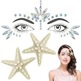 3 PCS Barrette Étoile de Mer et Gemmes de Visage Sirène Brillante Set, Strass Visage Sirene, Accessoires Déguisement Sirène Fille Femme pour Halloween Carnaval Thème Fête Cosplay