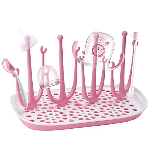 GEKUPEM Baby Bottle Drying Rack with Tray, Large Capacity Baby Bottle Rack Storage Bottle Holder for Baby Bottles Teats, Sippy Cups (Pink)