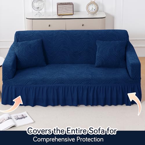 Image of HOKIPO 240 GSM Premium Jacquard Sofa Cover 3 Seater Fully Covered, 'Serene Wave Series' Navy Blue (AR-6354-NBL)