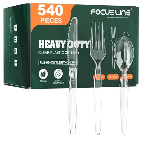 FOCUSLINE 540 Count Clear Plastic Silverware, 180 Forks, Knives and Spoons Each, BPA-Free, Heavy Duty Disposable Cutlery Set, Premium Disposable Flatware Plastic Utensils for Party Everyday Use