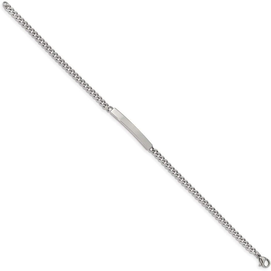 Solid Stainless Steel Flat Curb Cuban Chain 8.5in ID Bracelet Engravable Identification Name Bar Tag - with Secure Lobster Lock Clasp 8.5" (Width = 3mm)