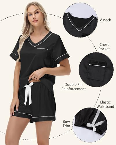 Image of 3 Piece Silk Satin Pajamas Set for Women Soft Short Sleeve Pjs Silky V Neck Sleepwear with Top Shorts and Pants,Black,M