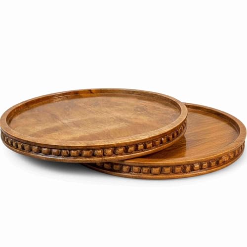 Image of Wooden Serving Tray for Food Drinks Decorative Platter for Coffee Table Rustic Farmhouse Trays Centerpiece for Home Decore Living Room Kitchen Counter Set of 2