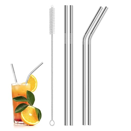4 x Metal Stainless Steel Reusable Drinking Straws Eco Friendly + Cleaning Brush Party Summer Use Birthday Smoothie Milk Shake Water Juice Silver Bent & Straight Straws UK Free P&P