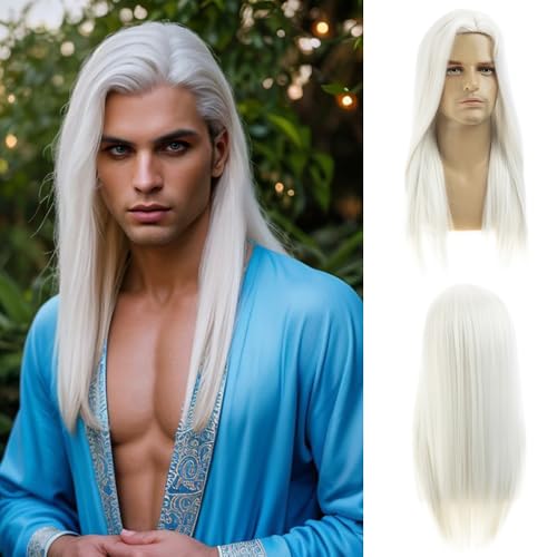 Perruque longue et raide pour homme avec raie latérale en fibre synthétique de couleur noire