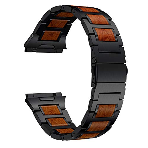 Ldfas Wood Band Compatible For Fitbit Ionic Band, Natural Wood Red Sandalwood Black Stainless Steel Accessory Metal Watch Strap Compatible For Fitbit Ionic Smartwatch (Update) #TOP6