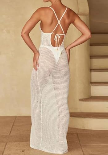 Famnbro Womens Swimsuit Crochet Cover Up V Neck Halter Swimwears Summer Knit Bathing Suit Split Sexy Bodycon Beach Dress4