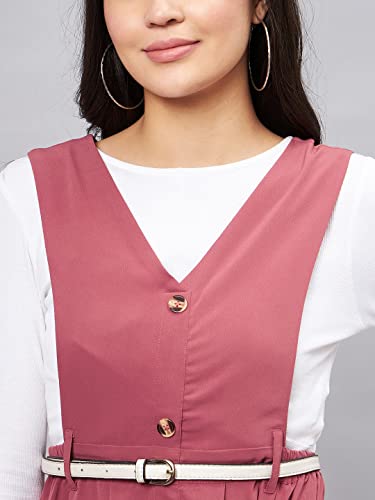 Image of WineRed Women Soild Pinafore Dress with Button