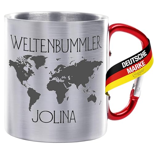 Crealuxe Edelstahltasse mit Karabiner - Weltenbummler Wunschname - 330ml, Tasse personalisiert, Kaffeetasse, Bürotasse, Metalltasse mit Name