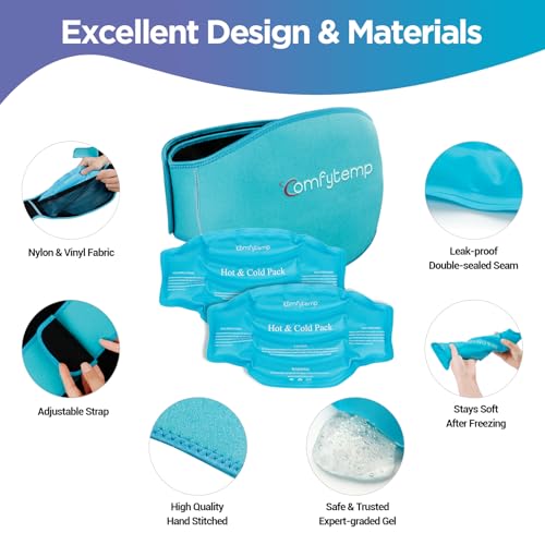 Comfytemp Ice Pack for Back Pain Relief, 2 Pcs, Sciatica Ease Brace, Reusable Gel Lower Back Ice Wrap for Injuries, Hot Cold Compress for Lower Lumbar, Waist, Men Women After Surgery (Blue)