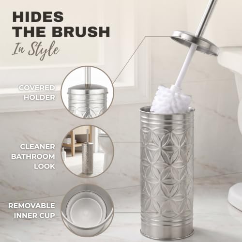 Image of Autumn Alley Brushed Nickel Bathroom Trash Can and Toilet Brush Set - 2-Piece Silver Metal Bathroom Accessories Set, Modern Farmhouse & Transitional Bathroom Decor