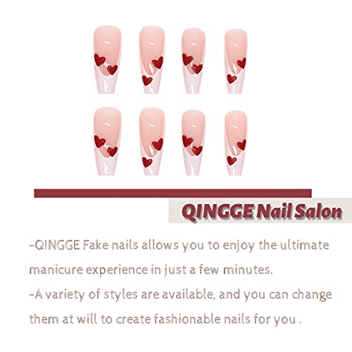 Qingge Valentines Day Long Coffin Fake Nails French Tip Press On Nails White Ballerina Shiny Heart Pattern Glossy Glue On False Nails With Design For Women #TOP5