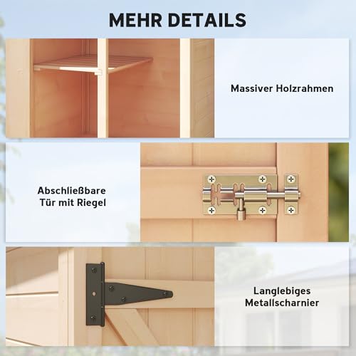 Outsunny Gartenschrank Holz, Geräteschuppen wetterfest 75x56x115cm, Gerätehaus mit Tür, Böden, Geräteschrank, Gartenhaus Werkzeugschrank Gartenschuppen für Garten, Terrasse, Hinterhof, Rasen, Natur