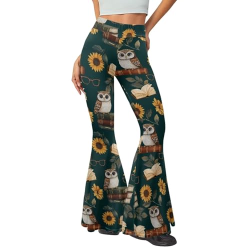 SYtrade Owl Book Sunflower Leaves Womens Flare Yoga Pants High Waist School Bell Bottom Leggings