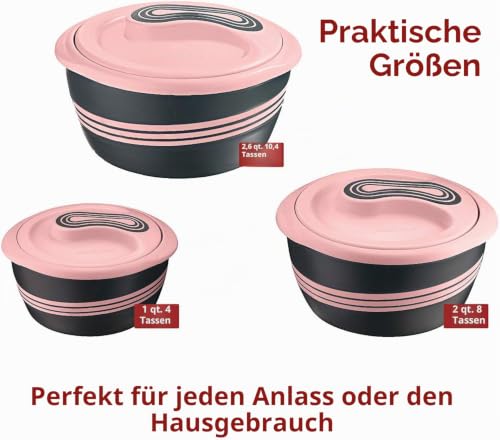 Foto von Pinnacle Thermoschüssel mit Deckel 3tlg. Set 2,5 l /1,4 l /0,95 l - Edelstahl - Warmhaltbehälter Essen, Salatschüssel - Thermoschüsseln für Heiße Speisen - Rosa