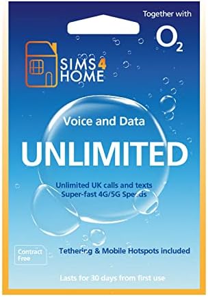 O2 Sim Card Preloaded with UNLIMITED UK Calls, Texts & UNLIMITED 4G/5G Data. (Valid for 30 days). No Contracts, No Commitments, No Credit Checks, No Tie-ins, No Personal ID. Simple to renew
