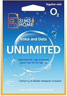 O2 Sim Card Preloaded with UNLIMITED UK Calls, Texts & UNLIMITED 4G/5G Data. (Valid for 30 days). No Contracts, No Commitments, No Credit Checks, No Tie-ins, No Personal ID. Simple to renew