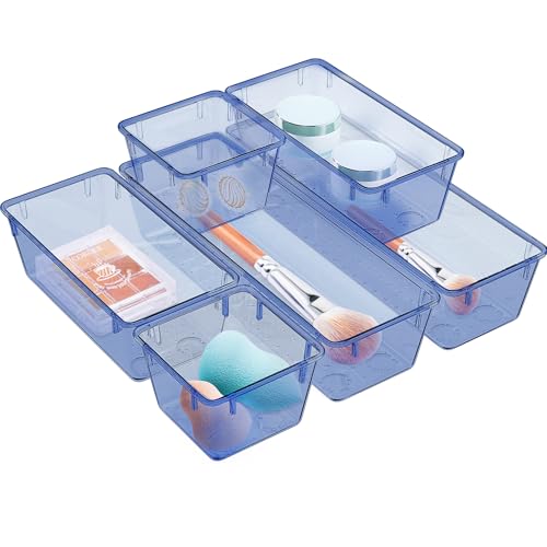 Image of WOWBOX 6 Pack Clear Drawer Organizer Set, Acrylic Drawer Storage Trays, Storage Bins for Makeup, Cosmetics, Jewelries, Utensils, Gadgets, Office, Dark Blue