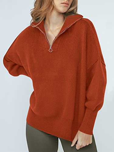 Image of ANRABESS Womens Oversized Quarter Zip Pullover Sweaters | Fall Fashion Outfits, Long Sleeve Slit Side, Baggy Loose Fit, 1 /4 Zip Lapel Collared, Ribbed Knit Soft Warm Winter Clothing