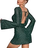 EYNMIN Women's Sparkly Sequin Backless Tie Mini Dress Long Sleeve Glitter Bodycon Party Club Dresses DG M