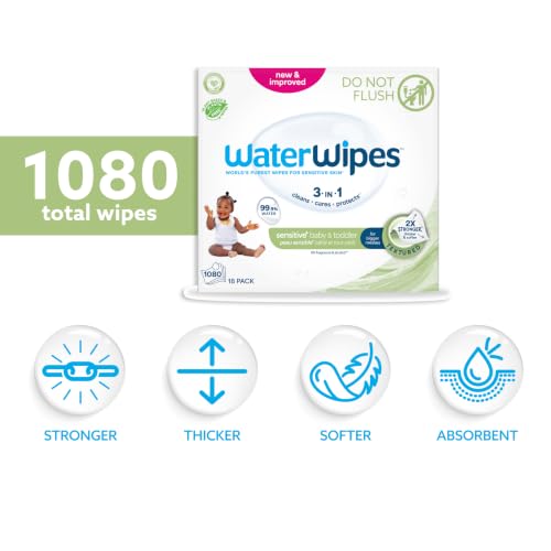 WaterWipes Sensitive+ Baby & Toddler Wipes, 3-In-1 Cleans, Cares, Protects, 99.9% Water, Textured Clean, Unscented & Hypoallergenic, 1080 Count (18 Packs) - image 2