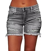 Flamingals Ripped Stretchy Jean Shorts for Women Raw Hem Mid Waist Casual Trendy Denim Shorts