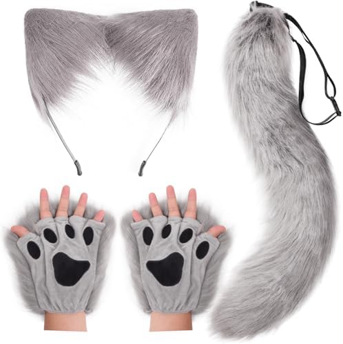 DRESHOW Wolf Fuchs Fellschwanz Ohren Stirnband und Handschuhe Set Cosplay Party Kostüm Super riesigen flauschigen Schwanz für Frauen