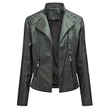 Lu's Chic Women's Motorcycle Jacket Ladies Fashion Dressy Vegan Faux Leather Biker Coat Light Suede Slim Fit Crop Blazer Outerwear Short Moto Leather Jacket Army Green 14-16