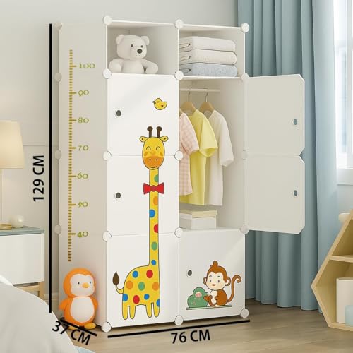 Image of 8 Door Kids Cartoon Wardrobe Storage Cabinet - DIY Modular Clothes Organizer with Hanging Cartoon Design Wardrobe with Multi for Bedroom, Living Room,Entryway