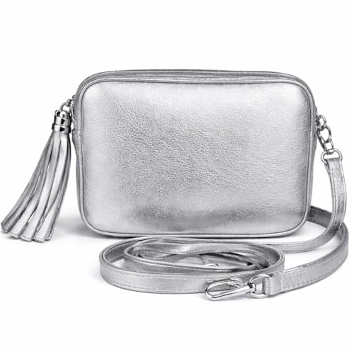 Image of LeahWard Women's Real Leather Cross Body Bags Tassel Charm Party Wedding Holiday Handbags (Silver Bag)