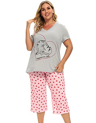 Image of Vozanet Women's Pajamas Set Soft V Neck Sleepwear Top and Capri Pj Lounge Sets Cartoon Heart Shape Cat Nighty Plus Size