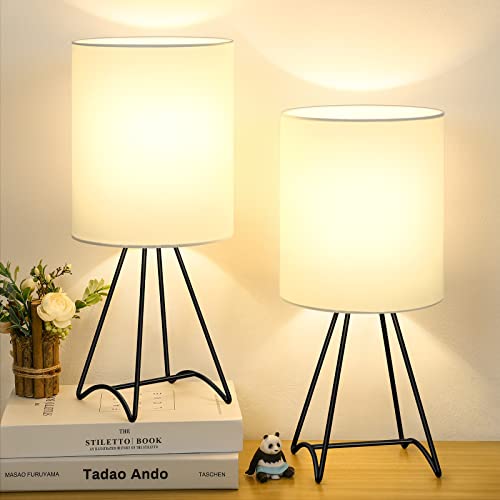Brightever Set Of 2 Bedside Table Lamps, Black Metal Table Lamps For Bedroom, Modern Nightstand Lamps, Simple Small Side Lamps With Linen Fabric Lampshade For Kids, Living Room (Bulb Not Included) #TOP14