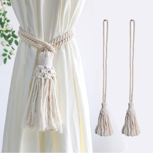 katmerio Un par de alzapaños de cortina con borlas de cuerda con flecos y borlas tejidas a mano, cintas de cortina para cortinas para decoración del hogar