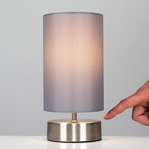 MiniSun Modern Brushed Chrome Touch Dimmer Bedside Table Lamp with Grey Cylinder Light Shade - Complete with a 5w Dimmable LED Candle Bulb [3000K Warm White]