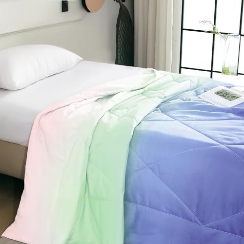 Image of Ac Comforter Single Bed Ombre with Satin Finish 240 GSM - Reversible AC Comforter - Blue Comforter Quilt Duvet Dohar Blanket for Summer 150x225cm