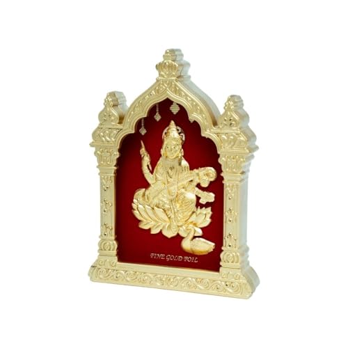 Image of EKA Temple Series Saraswati Maa Tabletop|Gold Foil Goddess Saraswati |Showpiece for Study Table, Home Temple & Office Decor|Ideal Gift for, Festivals & Housewarming- 9cm x 4cm x 11cm
