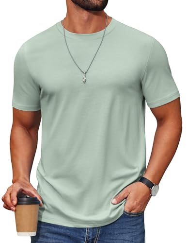 COOFANDY Mens T Shirts Short Sleeve Crew Neck Classic Cotton Blend Tee for Men Casual Basic Solid Color Shirt Summer Light Green