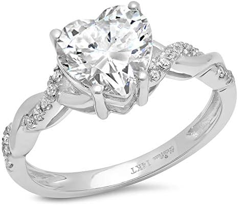 2.19ct Heart Cut Criss Cross Twisted Solitaire Accent Halo Genuine Lab Created White Sapphire Ideal VVS1 & Diamond Simulant Engagement Promise Anniversary Bridal Wedding Ring 14k White Gold Size 7