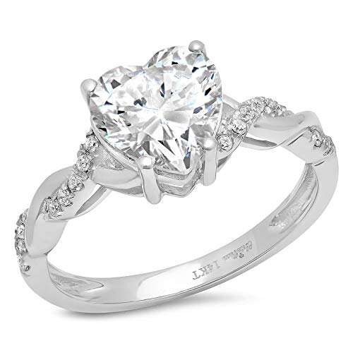 2.19Ct Heart Cut Criss Cross Twisted Solitaire Accent Halo Genuine Lab Created White Sapphire Ideal Vvs1 & Diamond Simulant Engagement Promise Anniversary Bridal Wedding Ring 14K White Gold Size 7 #TOP14